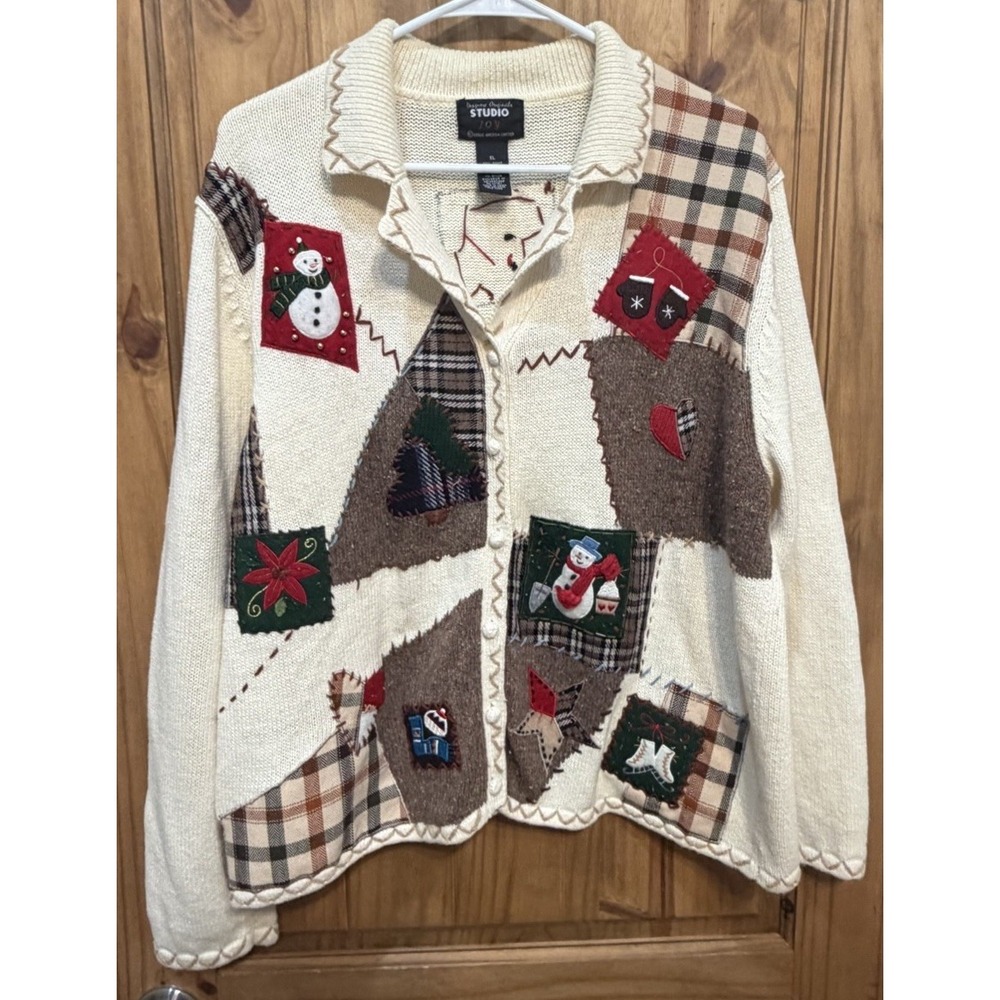 Vintage Studio Joy XL Christmas Patchwork Cardigan Ramie Cotton Snowman